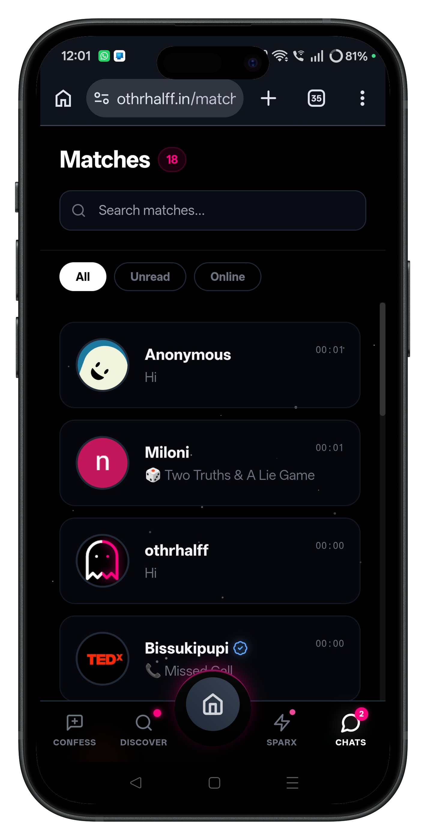 Othrhalff Campus matches and conversation inbox
